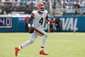 JACKSONVILLE, FLORIDA - SEPTEMBER 13: Deshaun Watson #4 of the Cleveland Browns runs with the ball against the Jacksonville Jaguars during the third quarter of the game at EverBank Stadium on September 13, 2026 in Jacksonville, Florida.