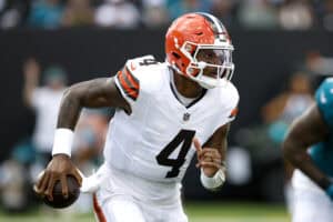 JACKSONVILLE, FLORIDA - SEPTEMBER 13: Deshaun Watson #4 of the Cleveland Browns scrambles with the ball against the Jacksonville Jaguars during the first quarter of the game at EverBank Stadium on September 13, 2026 in Jacksonville, Florida.