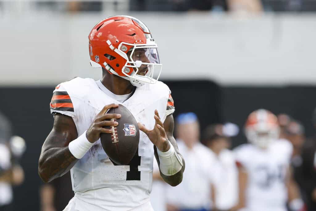 JACKSONVILLE, FLORIDA - SEPTEMBER 13: Deshaun Watson #4 of the Cleveland Browns throws a pass against the Jacksonville Jaguars during the fourth quarter of the game at EverBank Stadium on September 13, 2026 in Jacksonville, Florida.