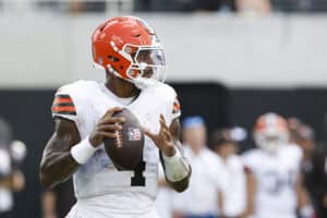 JACKSONVILLE, FLORIDA - SEPTEMBER 13: Deshaun Watson #4 of the Cleveland Browns throws a pass against the Jacksonville Jaguars during the fourth quarter of the game at EverBank Stadium on September 13, 2026 in Jacksonville, Florida.