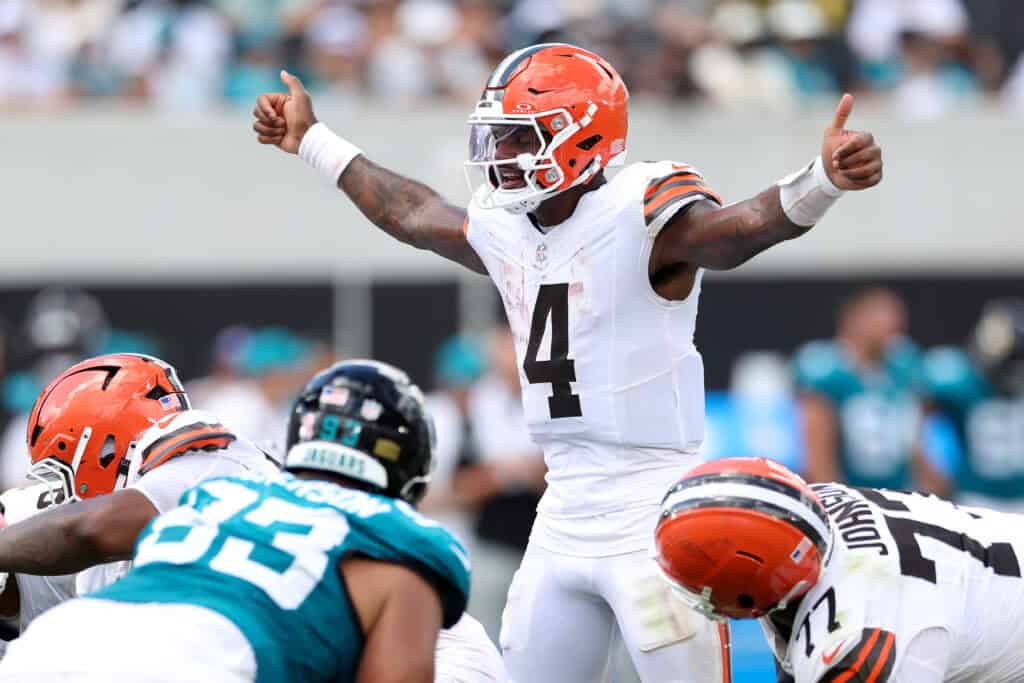 JACKSONVILLE, FLORIDA - SEPTEMBER 13: Deshaun Watson #4 of the Cleveland Browns reacts against the Jacksonville Jaguars during the fourth quarter of the game at EverBank Stadium on September 13, 2026 in Jacksonville, Florida.