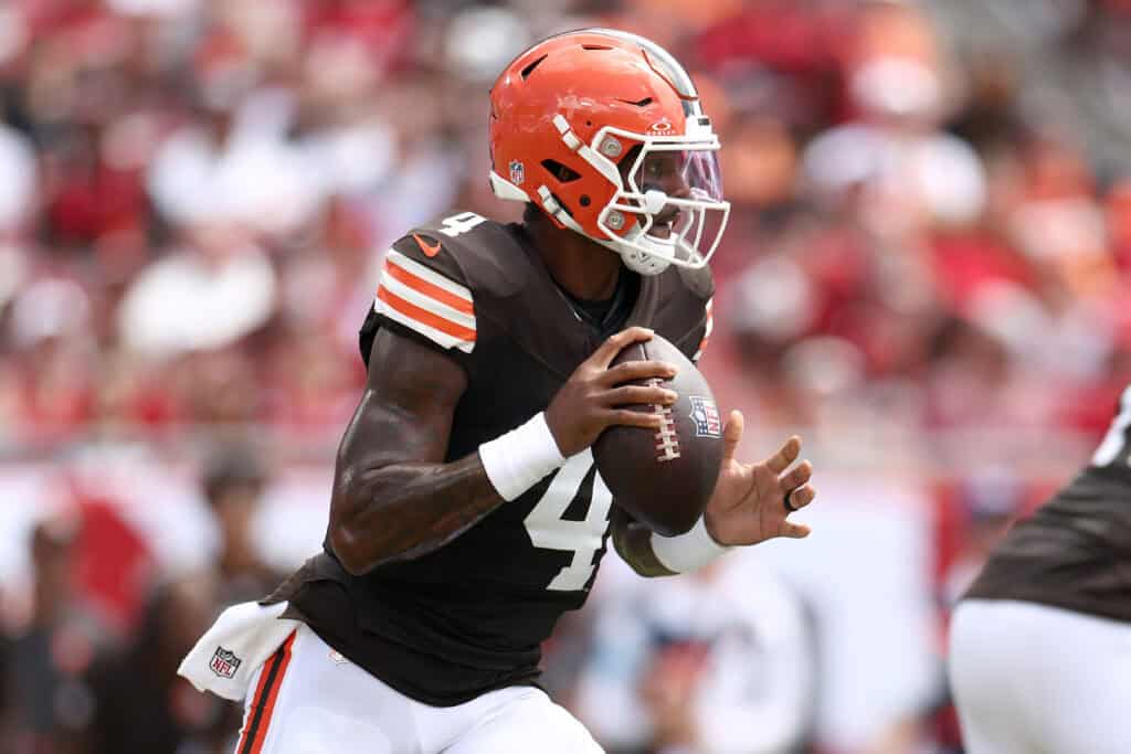 TAMPA, FLORIDA - SEPTEMBER 20: Deshaun Watson #4 of the Cleveland Browns throws an incomplete pass against the Tampa Bay Buccaneers during the first quarter of the game at Raymond James Stadium on September 20, 2026 in Tampa, Florida.
