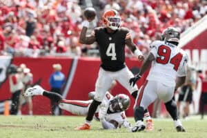 TAMPA, FLORIDA - SEPTEMBER 20: Deshaun Watson #4 of the Cleveland Browns looks to pass the ball against the Tampa Bay Buccaneers during the second half of the game at Raymond James Stadium on September 20, 2026 in Tampa, Florida.