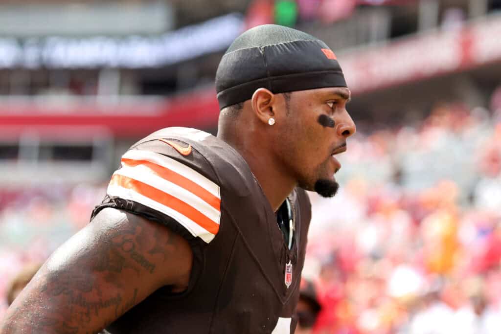 TAMPA, FLORIDA - SEPTEMBER 20: Deshaun Watson #4 of the Cleveland Browns looks on prior to the game against the Tampa Bay Buccaneers at Raymond James Stadium on September 20, 2026 in Tampa, Florida.