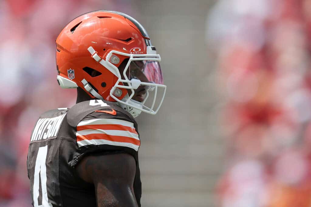 TAMPA, FLORIDA - SEPTEMBER 20: Deshaun Watson #4 of the Cleveland Browns looks on against the Tampa Bay Buccaneers during the first half of the game at Raymond James Stadium on September 20, 2026 in Tampa, Florida.