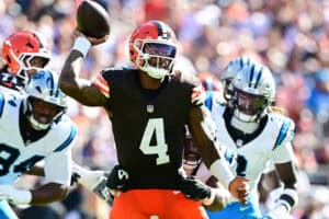 CLEVELAND, OHIO - SEPTEMBER 27: Deshaun Watson #4 of the Cleveland Browns attempts a pass against the Carolina Panthers during the fourth quarter at Huntington Bank Field on September 27, 2026 in Cleveland, Ohio.