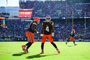 CLEVELAND, OHIO - SEPTEMBER 27: Deshaun Watson #4 of the Cleveland Browns celebrates a two point conversion against the Carolina Panthers during the fourth quarter at Huntington Bank Field on September 27, 2026 in Cleveland, Ohio.