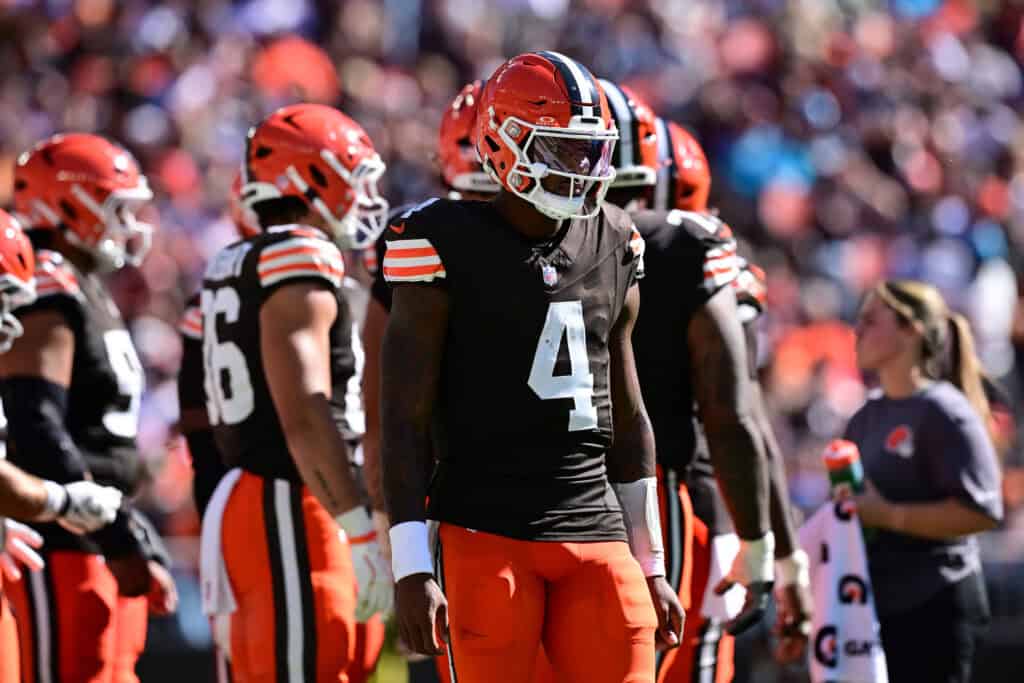 CLEVELAND, OHIO - SEPTEMBER 27: Deshaun Watson #4 of the Cleveland Browns looks on against the Carolina Panthers during the third quarter at Huntington Bank Field on September 27, 2026 in Cleveland, Ohio.