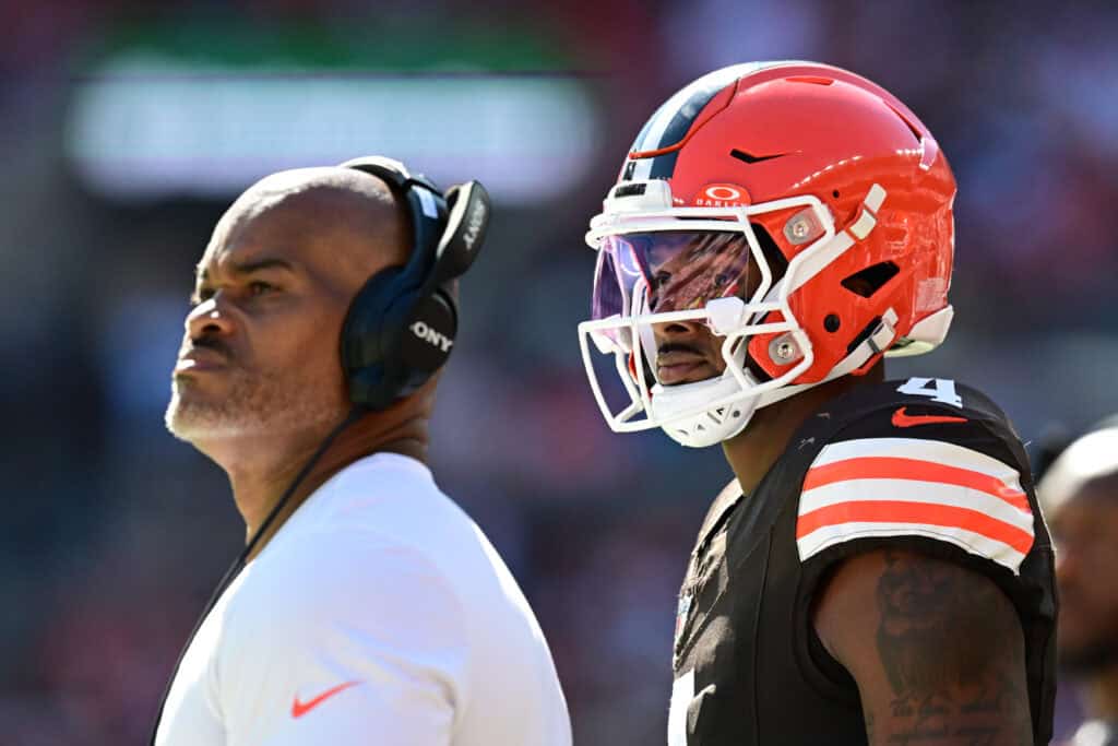CLEVELAND, OHIO - SEPTEMBER 27: Deshaun Watson #4 of the Cleveland Browns looks on against the Carolina Panthers during the third quarter at Huntington Bank Field on September 27, 2026 in Cleveland, Ohio.