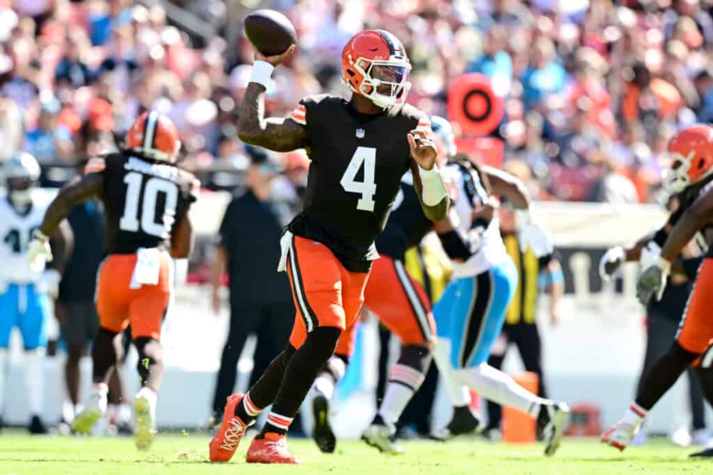 CLEVELAND, OHIO - SEPTEMBER 27: Deshaun Watson #4 of the Cleveland Browns attempts a pass against the Carolina Panthers during the third quarter at Huntington Bank Field on September 27, 2026 in Cleveland, Ohio.