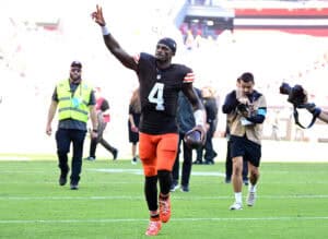 CLEVELAND, OHIO - SEPTEMBER 27: Deshaun Watson #4 of the Cleveland Browns celebrates the 21-18 win Carolina Panthers at Huntington Bank Field on September 27, 2026 in Cleveland, Ohio.