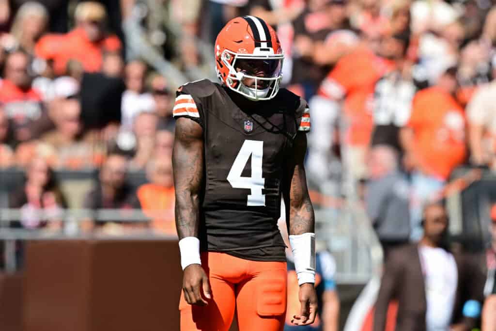 CLEVELAND, OHIO - SEPTEMBER 27: Deshaun Watson #4 of the Cleveland Browns reacts against the Carolina Panthers during the first quarter at Huntington Bank Field on September 27, 2026 in Cleveland, Ohio.