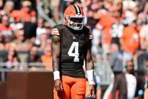 CLEVELAND, OHIO - SEPTEMBER 27: Deshaun Watson #4 of the Cleveland Browns reacts against the Carolina Panthers during the first quarter at Huntington Bank Field on September 27, 2026 in Cleveland, Ohio.