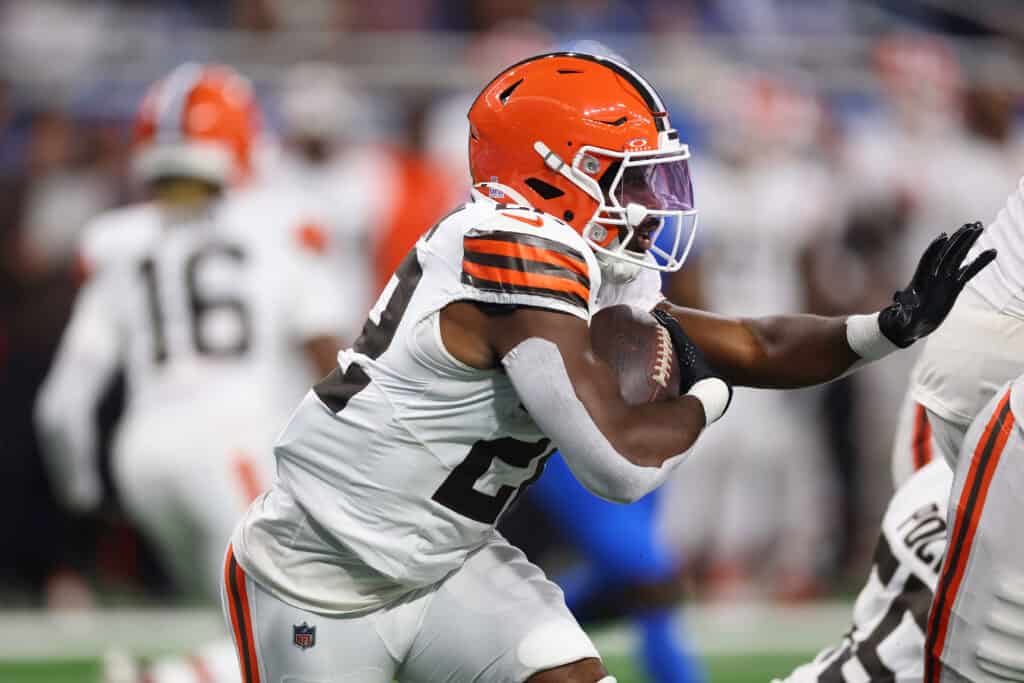 DETROIT, MICHIGAN - SEPTEMBER 28: Dylan Sampson #22 of the Cleveland Browns plays against the Detroit Lions at Ford Field on September 28, 2025 in Detroit, Michigan.