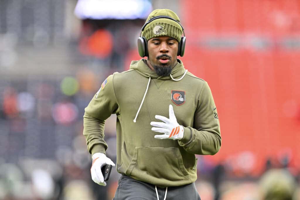 CLEVELAND, OHIO - NOVEMBER 16: Dylan Sampson #22 of the Cleveland Browns warms up before the game against the Baltimore Ravens at Huntington Bank Field on November 16, 2025 in Cleveland, Ohio.