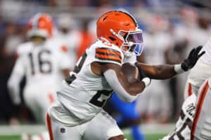 DETROIT, MICHIGAN - SEPTEMBER 28: Dylan Sampson #22 of the Cleveland Browns plays against the Detroit Lions at Ford Field on September 28, 2025 in Detroit, Michigan.