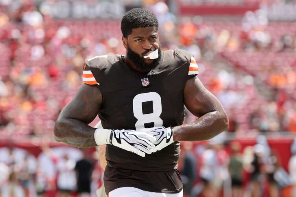 TAMPA, FLORIDA - SEPTEMBER 20: Jared Verse #8 of the Cleveland Browns looks on during warm ups prior to the game against the Tampa Bay Buccaneers at Raymond James Stadium on September 20, 2026 in Tampa, Florida.