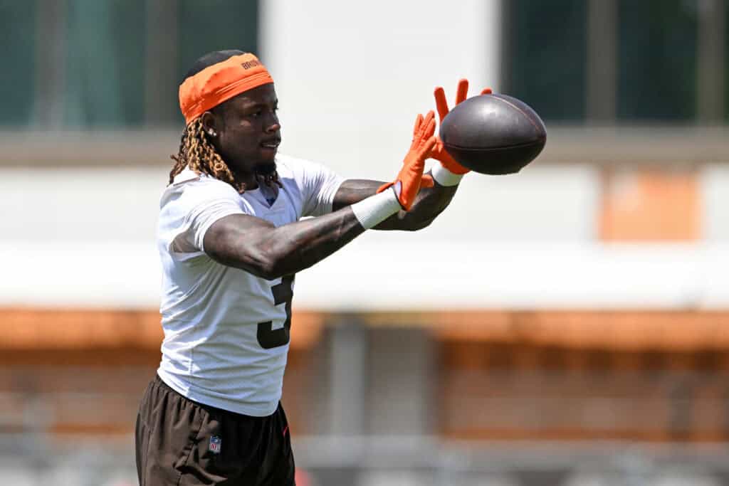 BEREA, OHIO - JUNE 11: Jerry Jeudy #3 of the Cleveland Browns catches a pass during the Cleveland Browns Mandatory Minicamp at CrossCountry Mortgage Campus on June 11, 2026 in Berea, Ohio.