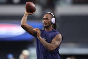 ARLINGTON, TEXAS - AUGUST 28: Joe Milton III #10 of the Dallas Cowboys warms up prior to the 2026 NFL preseason game against the New Orleans Saints at AT&T Stadium on August 28, 2026 in Arlington, Texas.