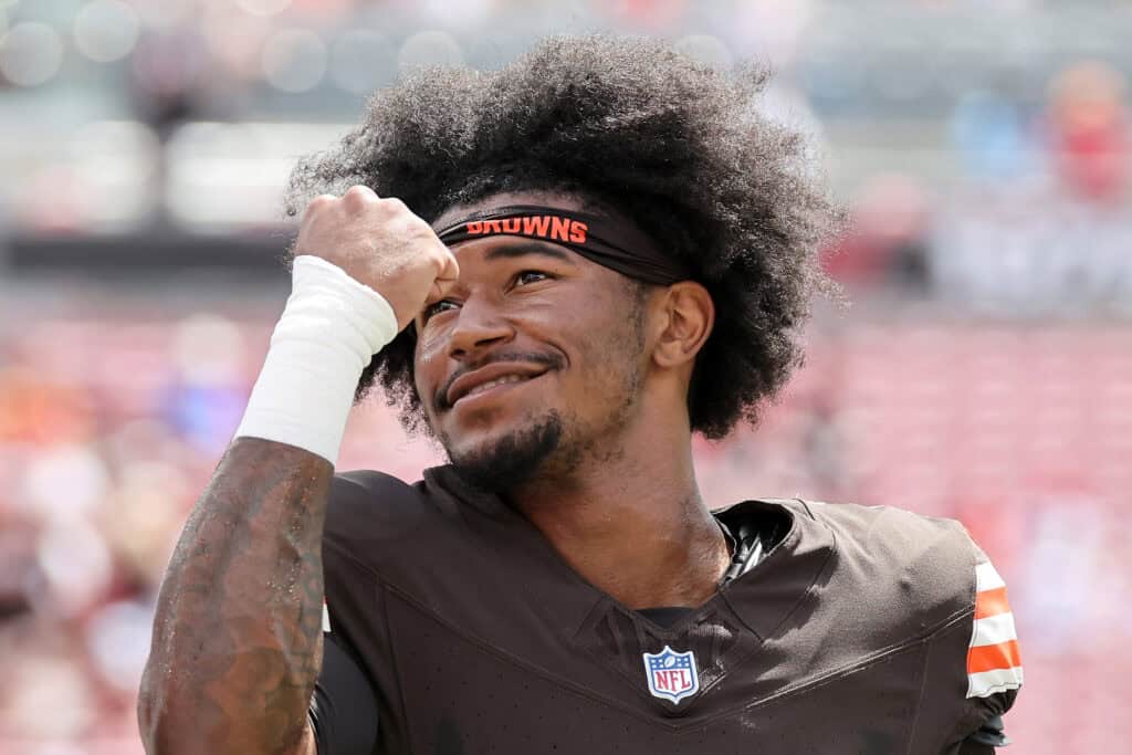 TAMPA, FLORIDA - SEPTEMBER 20: Kc Concepcion #1 of the Cleveland Browns looks on during warm ups prior to the game against the Tampa Bay Buccaneers at Raymond James Stadium on September 20, 2026 in Tampa, Florida.