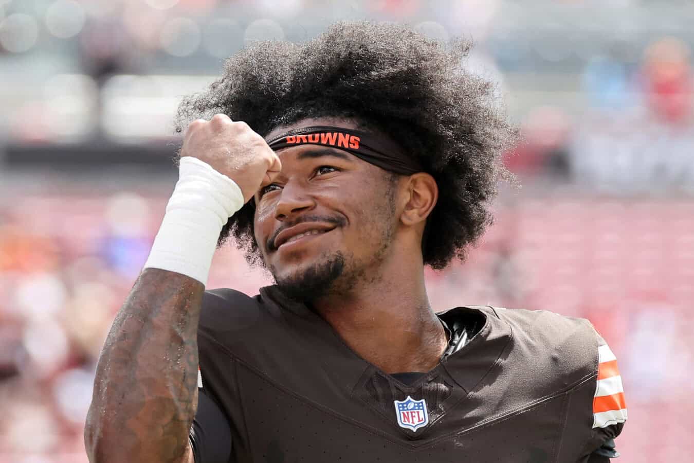 TAMPA, FLORIDA - SEPTEMBER 20: Kc Concepcion #1 of the Cleveland Browns looks on during warm ups prior to the game against the Tampa Bay Buccaneers at Raymond James Stadium on September 20, 2026 in Tampa, Florida.