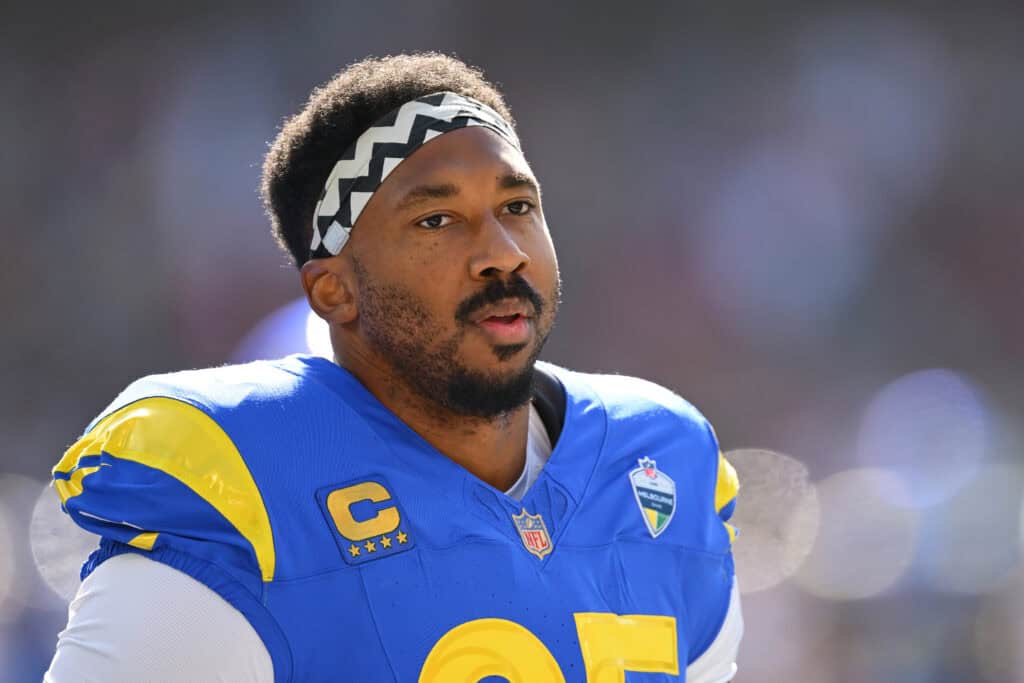 MELBOURNE, AUSTRALIA - SEPTEMBER 11: Myles Garrett #95 of the Los Angeles Rams warms up prior to the NFL football game against the San Francisco 49ers at the Melbourne Cricket Ground on September 11, 2026 in Melbourne, Australia.