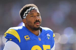 MELBOURNE, AUSTRALIA - SEPTEMBER 11: Myles Garrett #95 of the Los Angeles Rams warms up prior to the NFL football game against the San Francisco 49ers at the Melbourne Cricket Ground on September 11, 2026 in Melbourne, Australia.