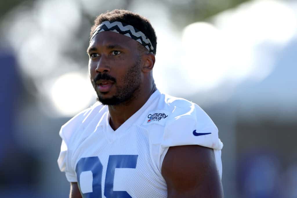 LOS ANGELES, CALIFORNIA - JULY 27: Myles Garrett #95 of the Los Angeles Rams looks on during the Los Angeles Rams Training Camp at Loyola Marymount University on July 27, 2026 in Los Angeles, California.