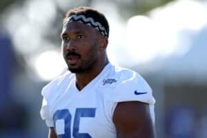 LOS ANGELES, CALIFORNIA - JULY 27: Myles Garrett #95 of the Los Angeles Rams looks on during the Los Angeles Rams Training Camp at Loyola Marymount University on July 27, 2026 in Los Angeles, California.