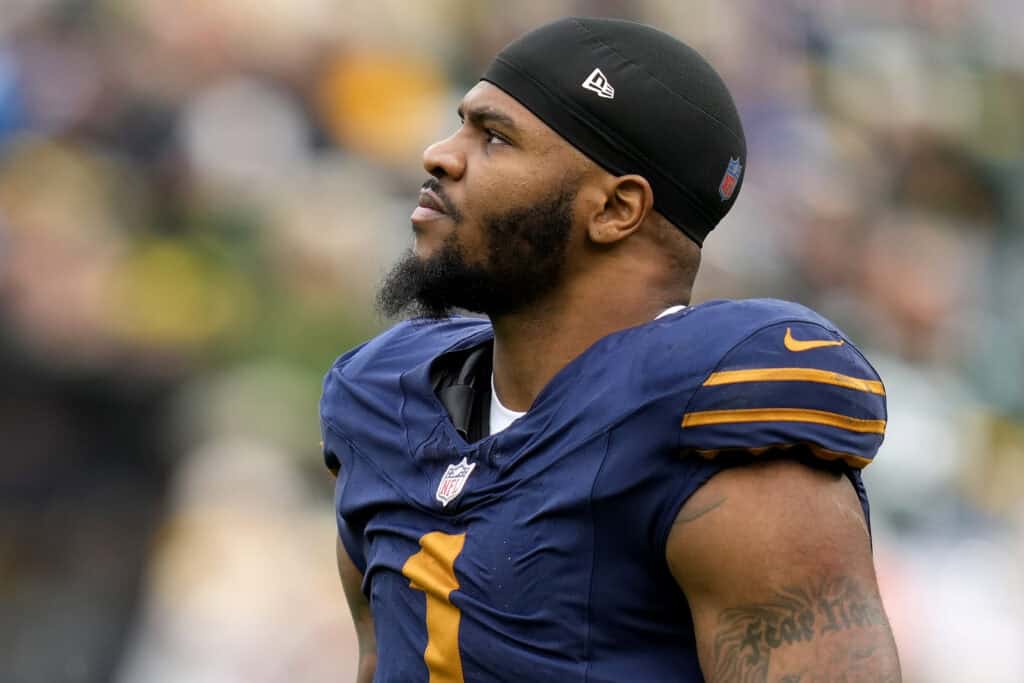 GREEN BAY, WISCONSIN - NOVEMBER 02: Micah Parsons #1 of the Green Bay Packers looks on in the third quarter against the Carolina Panthers in the game at Lambeau Field on November 02, 2025 in Green Bay, Wisconsin.