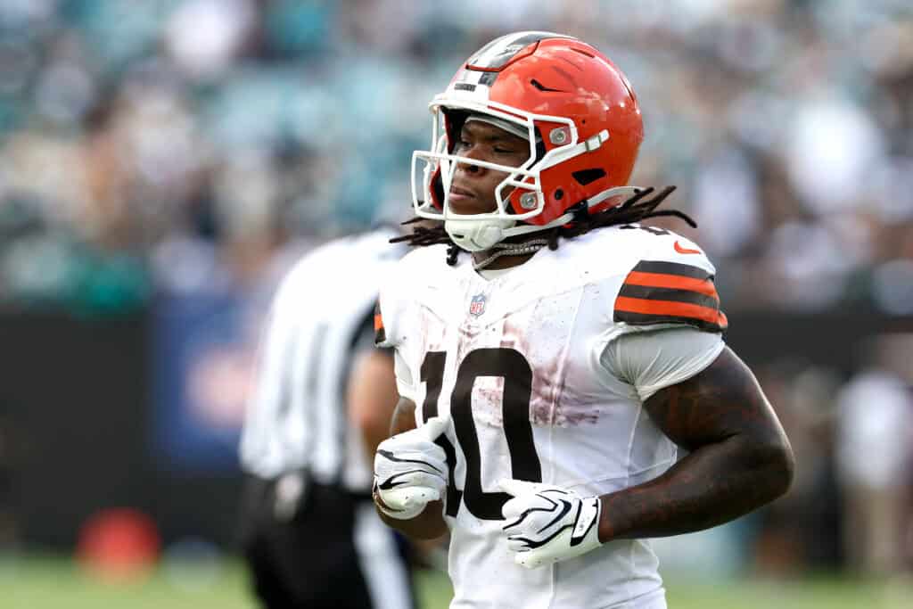 JACKSONVILLE, FLORIDA - SEPTEMBER 13: Quinshon Judkins #10 of the Cleveland Browns looks on against the Jacksonville Jaguars during the fourth quarter of the game at EverBank Stadium on September 13, 2026 in Jacksonville, Florida.