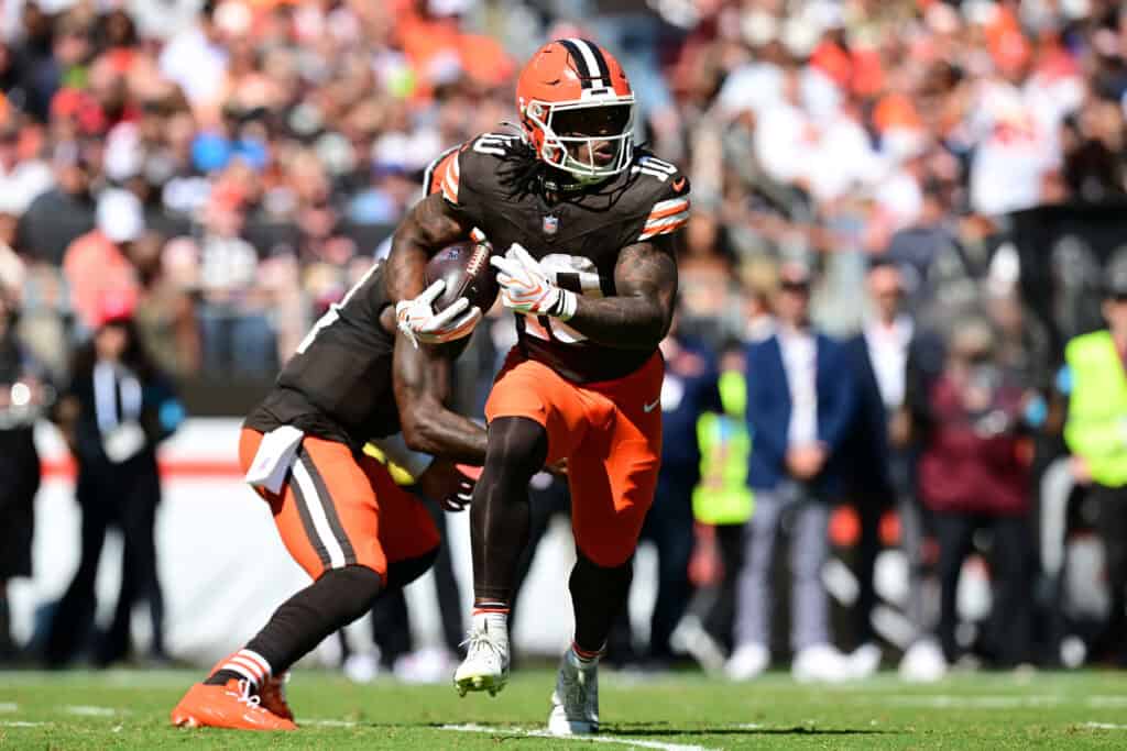 CLEVELAND, OHIO - SEPTEMBER 27: Quinshon Judkins #10 of the Cleveland Browns carries the ball against the Carolina Panthers during the first quarter at Huntington Bank Field on September 27, 2026 in Cleveland, Ohio.