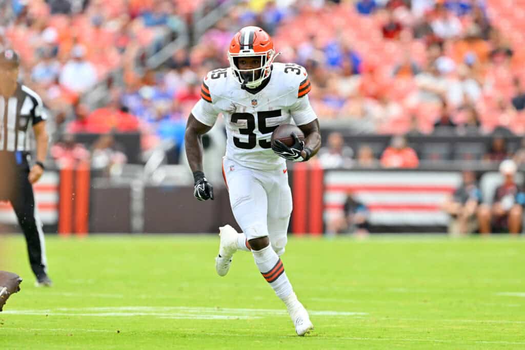 CLEVELAND, OHIO - AUGUST 22: Running back Raheim Sanders #35 of the Cleveland Browns runs for a gain during the first quarter of a preseason game against the Buffalo Bills at Huntington Bank Field on August 22, 2026 in Cleveland, Ohio.