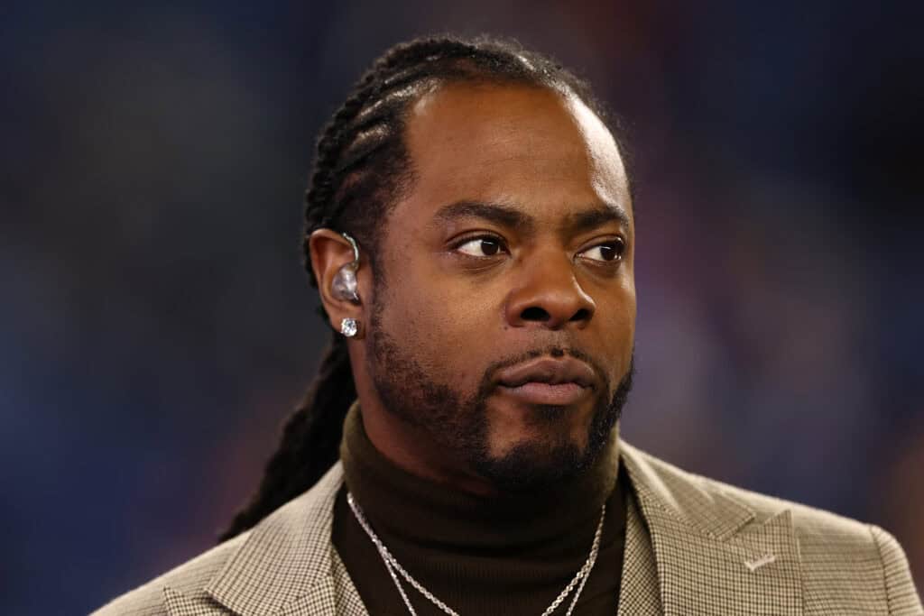 FOXBOROUGH, MASSACHUSETTS - NOVEMBER 13: Richard Sherman looks on prior to a game between the New England Patriots and the New York Jets at Gillette Stadium on November 13, 2025 in Foxborough, Massachusetts.