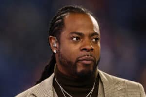 FOXBOROUGH, MASSACHUSETTS - NOVEMBER 13: Richard Sherman looks on prior to a game between the New England Patriots and the New York Jets at Gillette Stadium on November 13, 2025 in Foxborough, Massachusetts.