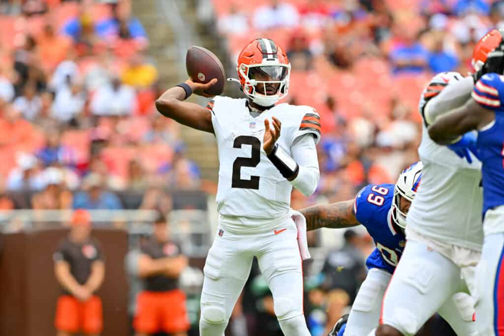 CLEVELAND, OHIO - AUGUST 22: Quarterback Shedeur Sanders #2 of the Cleveland Browns passes during the second quarter of the preseason game against the Buffalo Bills at Huntington Bank Field on August 22, 2026 in Cleveland, Ohio.