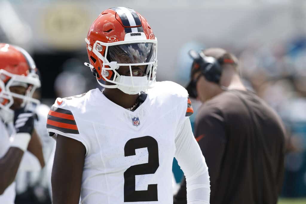 JACKSONVILLE, FLORIDA - SEPTEMBER 13: Shedeur Sanders #2 of the Cleveland Browns reacts against the Jacksonville Jaguars during the first half of the game at EverBank Stadium on September 13, 2026 in Jacksonville, Florida.
