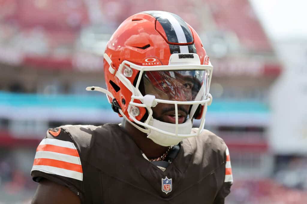 TAMPA, FLORIDA - SEPTEMBER 20: Shedeur Sanders #2 of the Cleveland Browns looks on prior to the game against the Tampa Bay Buccaneers at Raymond James Stadium on September 20, 2026 in Tampa, Florida.