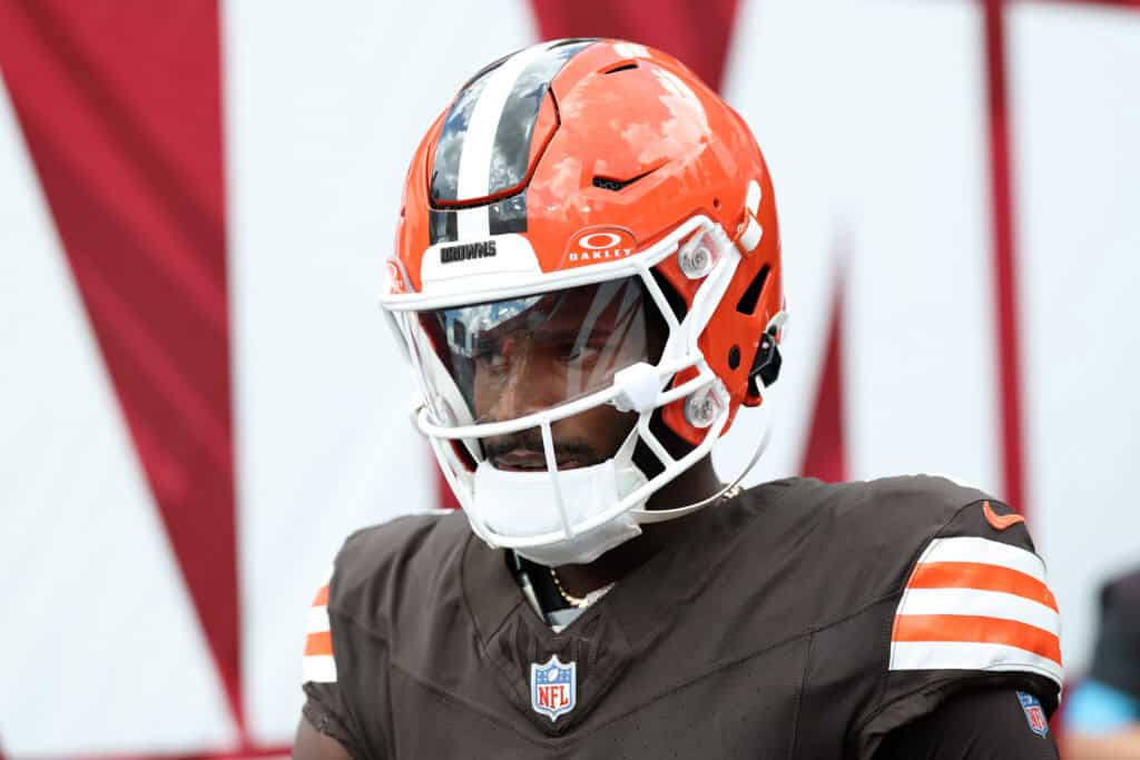 TAMPA, FLORIDA - SEPTEMBER 20: Shedeur Sanders #2 of the Cleveland Browns looks on prior to the game against the Tampa Bay Buccaneers at Raymond James Stadium on September 20, 2026 in Tampa, Florida.
