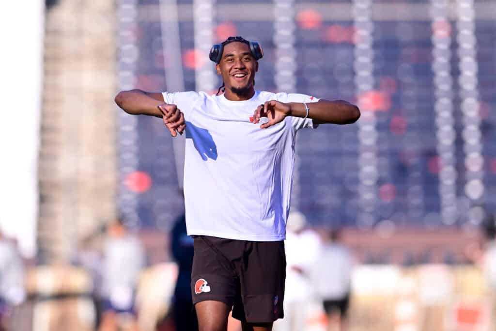 CLEVELAND, OHIO - AUGUST 27: Taylen Green #15 of the Cleveland Browns warms up prior to a preseason game against the New England Patriots at Huntington Bank Field on August 27, 2026 in Cleveland, Ohio.