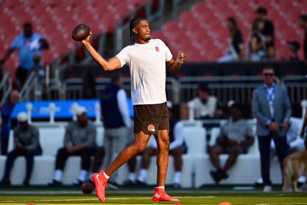 CLEVELAND, OHIO - AUGUST 27: Taylen Green #15 of the Cleveland Browns warms up prior to a preseason game against the New England Patriots at Huntington Bank Field on August 27, 2026 in Cleveland, Ohio.