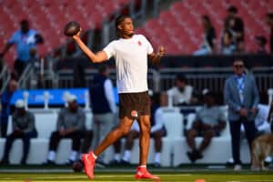 CLEVELAND, OHIO - AUGUST 27: Taylen Green #15 of the Cleveland Browns warms up prior to a preseason game against the New England Patriots at Huntington Bank Field on August 27, 2026 in Cleveland, Ohio.