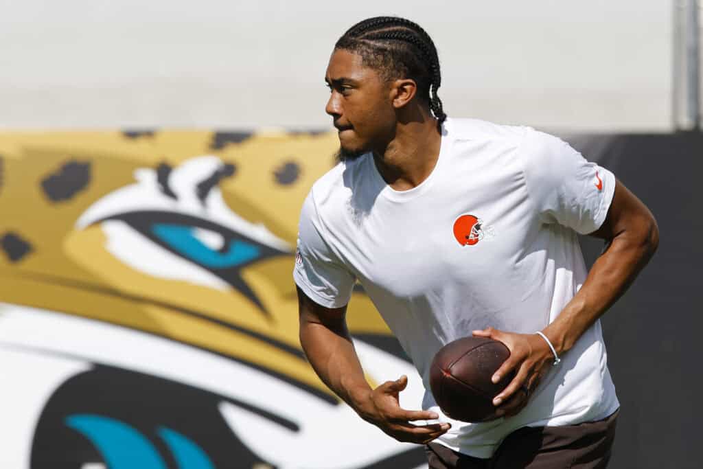 JACKSONVILLE, FLORIDA - SEPTEMBER 13: Taylen Green #15 of the Cleveland Browns warms up prior to the game against the Jacksonville Jaguars at EverBank Stadium on September 13, 2026 in Jacksonville, Florida.