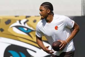 JACKSONVILLE, FLORIDA - SEPTEMBER 13: Taylen Green #15 of the Cleveland Browns warms up prior to the game against the Jacksonville Jaguars at EverBank Stadium on September 13, 2026 in Jacksonville, Florida.
