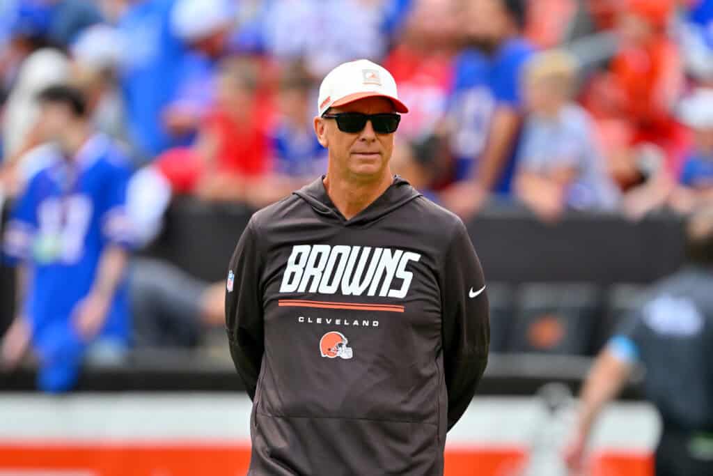 CLEVELAND, OHIO - AUGUST 22: Head coach Todd Monken of the Cleveland Browns watches warmups before a preseason game against the Buffalo Bills at Huntington Bank Field on August 22, 2026 in Cleveland, Ohio.