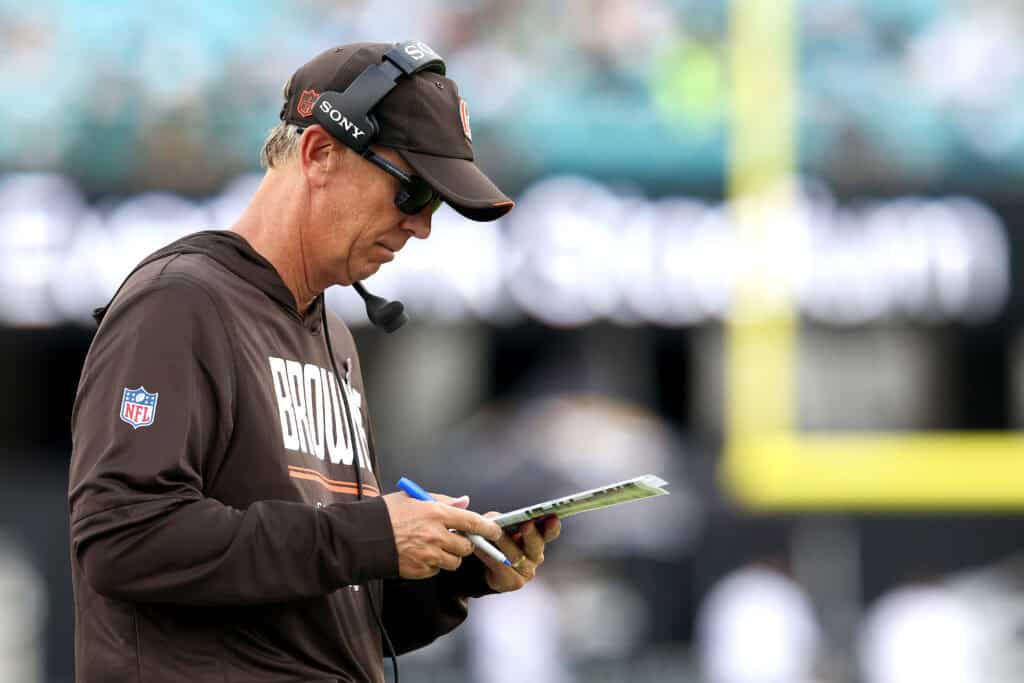 JACKSONVILLE, FLORIDA - SEPTEMBER 13: Head coach Todd Monken of the Cleveland Browns reacts against the Jacksonville Jaguars during the fourth quarter of the game at EverBank Stadium on September 13, 2026 in Jacksonville, Florida.