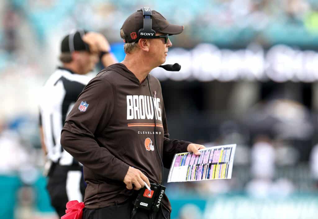 JACKSONVILLE, FLORIDA - SEPTEMBER 13: Head coach Todd Monken of the Cleveland Browns reacts against the Jacksonville Jaguars during the fourth quarter of the game at EverBank Stadium on September 13, 2026 in Jacksonville, Florida.