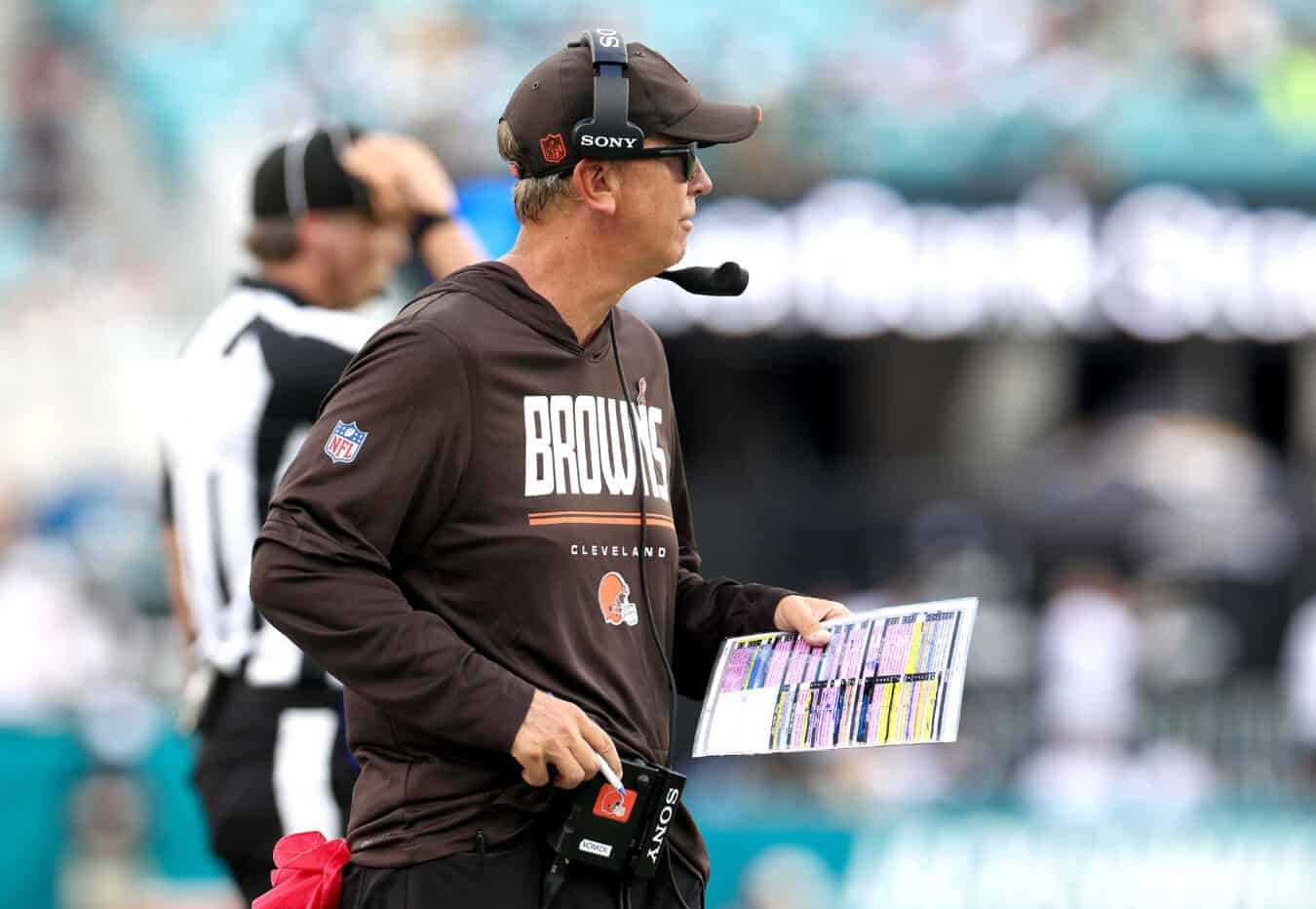 JACKSONVILLE, FLORIDA - SEPTEMBER 13: Head coach Todd Monken of the Cleveland Browns reacts against the Jacksonville Jaguars during the fourth quarter of the game at EverBank Stadium on September 13, 2026 in Jacksonville, Florida.