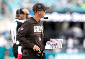 JACKSONVILLE, FLORIDA - SEPTEMBER 13: Head coach Todd Monken of the Cleveland Browns reacts against the Jacksonville Jaguars during the fourth quarter of the game at EverBank Stadium on September 13, 2026 in Jacksonville, Florida.
