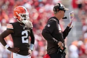 TAMPA, FLORIDA - SEPTEMBER 20: Head Coach Todd Monken of the Cleveland Browns looks on against the Tampa Bay Buccaneers during the third quarter of the game at Raymond James Stadium on September 20, 2026 in Tampa, Florida.